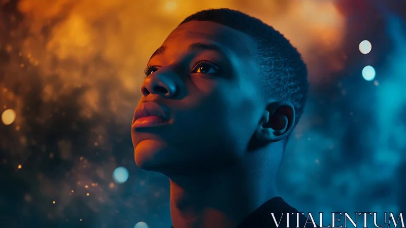 Young man gazes upward under vivid blue and orange light