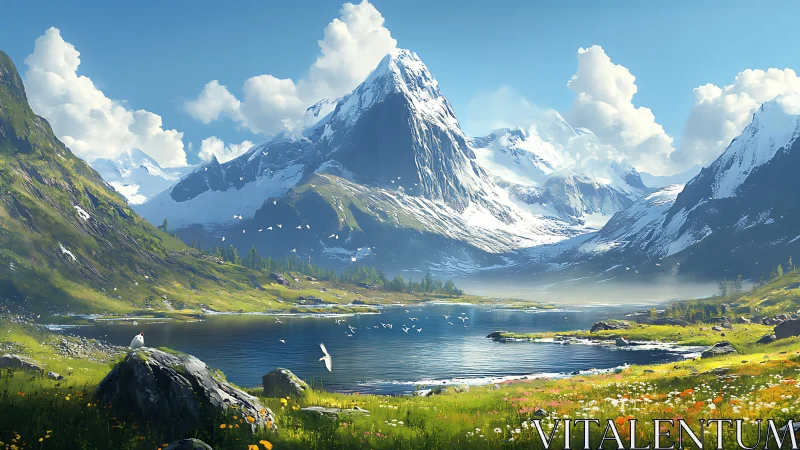 Sunlit mountain lake welcomes quiet birds and wildflowers