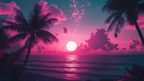 Neon sunset illuminates tranquil tropical shoreline in dream glow