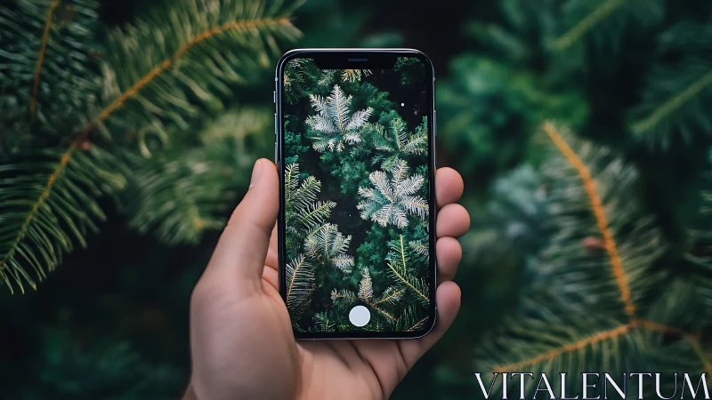Smartphone camera capturing evergreen tree branches close-up.