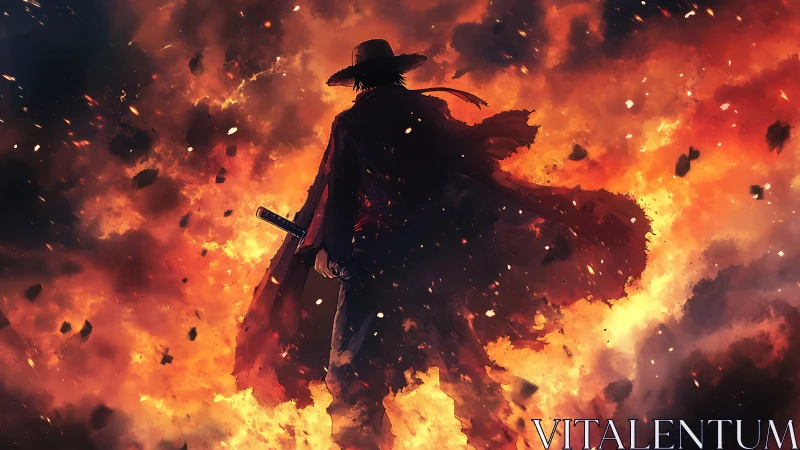 Sword-bearing wanderer strolls through a collapsing inferno