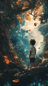 Young explorer wandering through a glowing forest gateway.