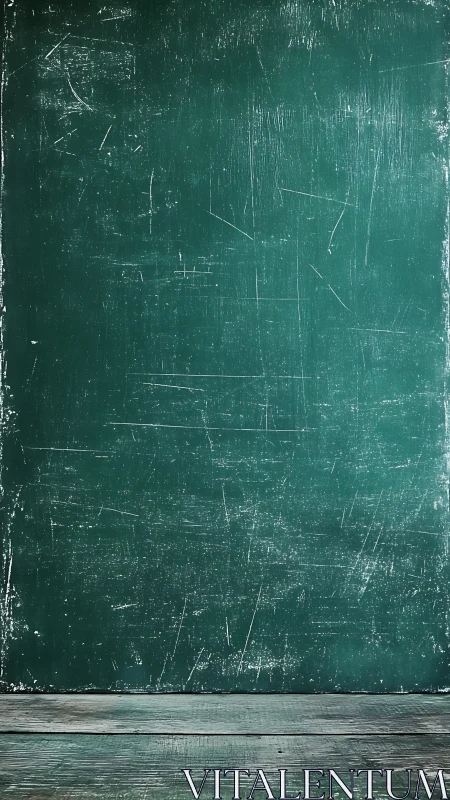 Worn green chalkboard stands above distressed wooden floor