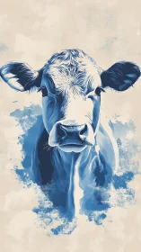 Blue tonal cow portrait with expressive painterly splashes.