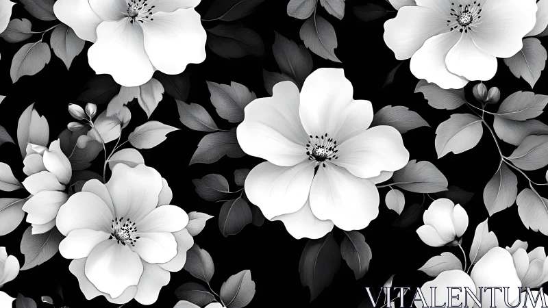 White Flowers Blooming in Monochrome Garden. Elegant black and white botanical arrangement capturing