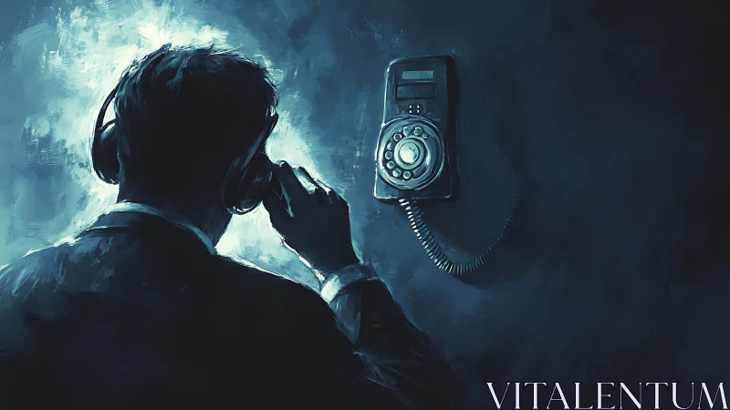 Shadowed listener with rotary phone in cool cyan glow.