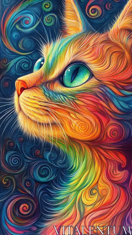 Vibrant rainbow cat portrait with swirling neon fur patterns.