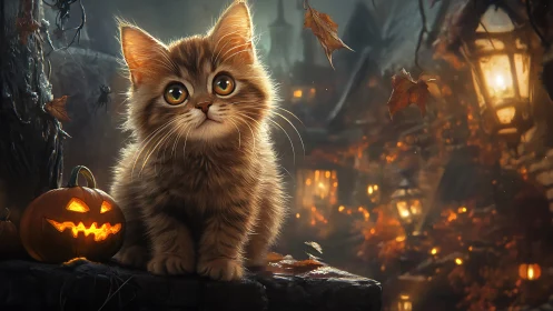 Ethereal Kitten in Autumn Nocturne with Jack-O'-Lantern Ambiance.