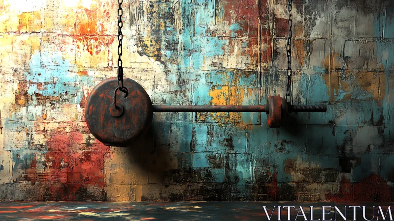 Rusty barbell hangs against a textured, paint-splashed wall