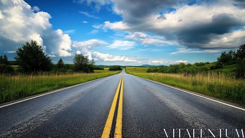 Photorealistic wet highway vanishing into pastoral horizon.