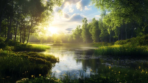 Sunlit forest pond with mist and luminous reflections.