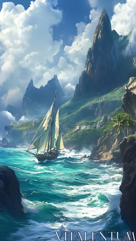 Tall ship cuts through turquoise surf below towering cliffs