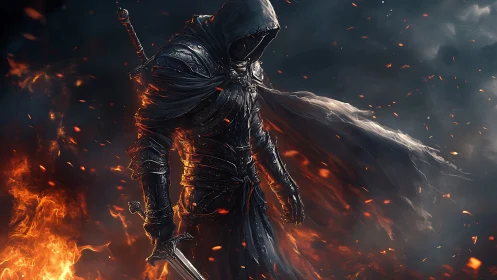 Dark armored warrior with sword amid drifting embers.