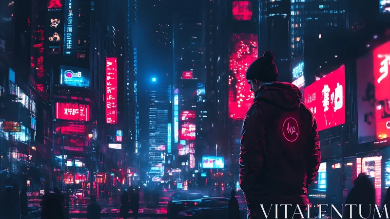 Neon lone wanderer drifting through electric midnight streets.