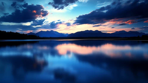 Evening sky softens over calm mountainside lake reflections