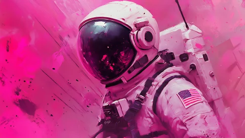 Astronaut drifts through vivid pink cosmic dust storm