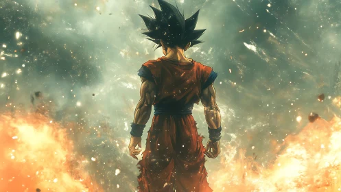 Lone flame-haired warrior surveying a storm of ash and fire.