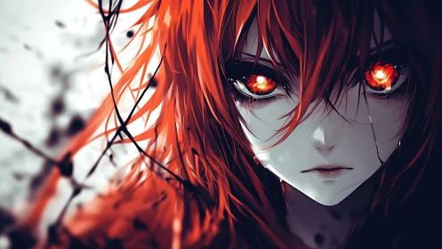 Fiery-eyed anime girl stares ahead in a storm of burning emotion