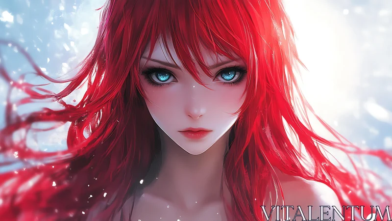 Storm-eyed siren with crimson hair in glimmering frostlight.
