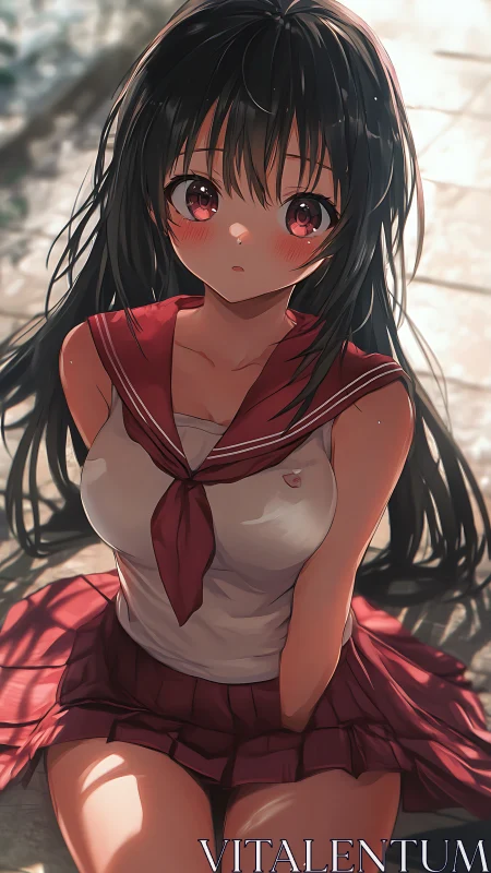 Gentle anime schoolgirl sits in warm afternoon sunlight