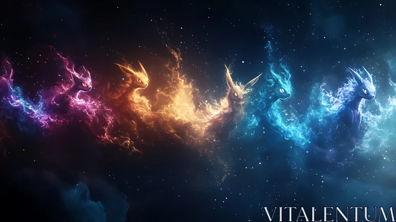 Elemental fox-like spirits aligned in cosmic nebula space.