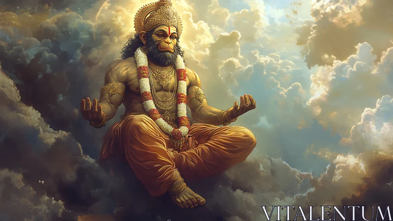 Divine monkey deity in golden meditative sky scene.