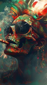Rebel carnival skull lounges in smoke and neon jungle light