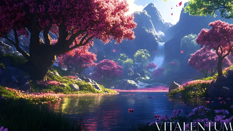 Serene cherry blossom valley with reflective lake and falls.