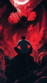 Man confronts demonic winged creature under blood red moon