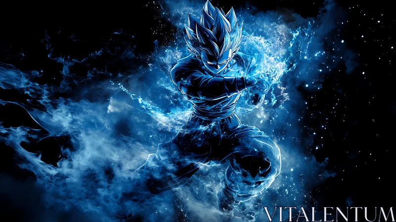 Blue energy fighter surges through cosmic smoke field.