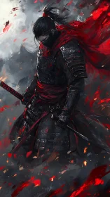 Digital painting of lone samurai in red-accented battle haze.