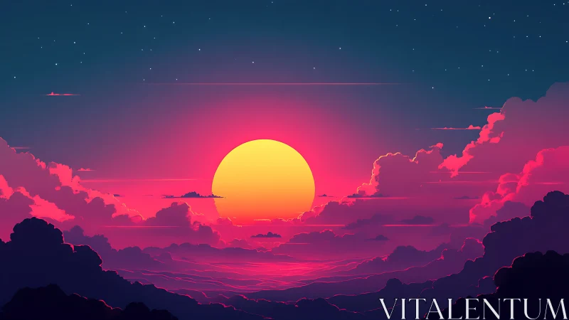 Neon sunset over stratified clouds in stylized digital landscape