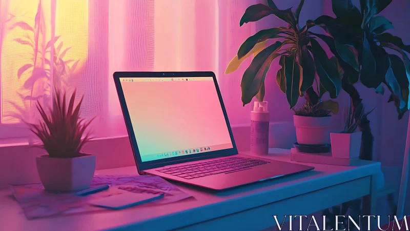 Laptop glows in neon pastel workspace beside lush plants.