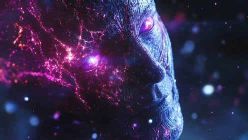 Cosmic AI visage erupting with neon fractal energy.