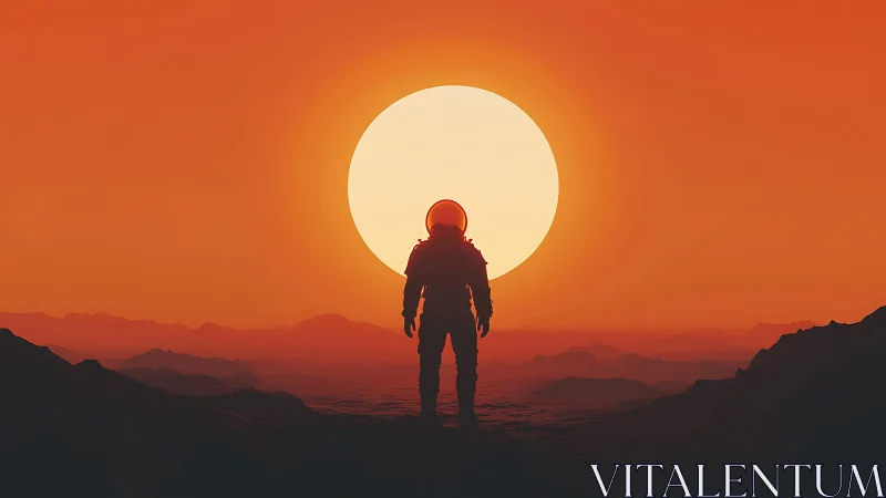 Astronaut silhouette studies alien desert under colossal sun.