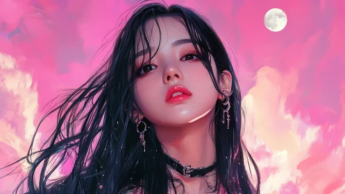 Gothic girl portrait glows under pink sky and full moon