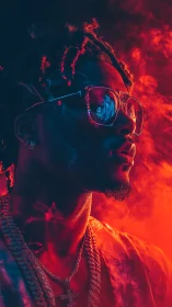 Neon rim-lit portrait uses split complementary gels and dense smoke