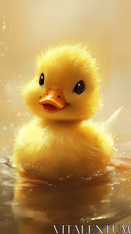 Golden duckling bobs in luminous rippling water.