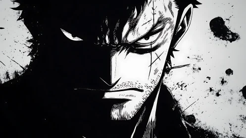 Intense monochrome warrior portrait in high-contrast ink art.