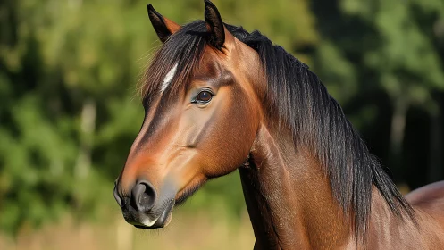 Bay horse portrait rendered in sharp photorealistic detail