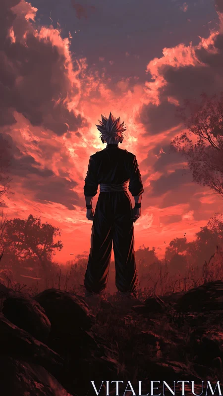 Warrior silhouette confronts a blazing, otherworldly sunset sky