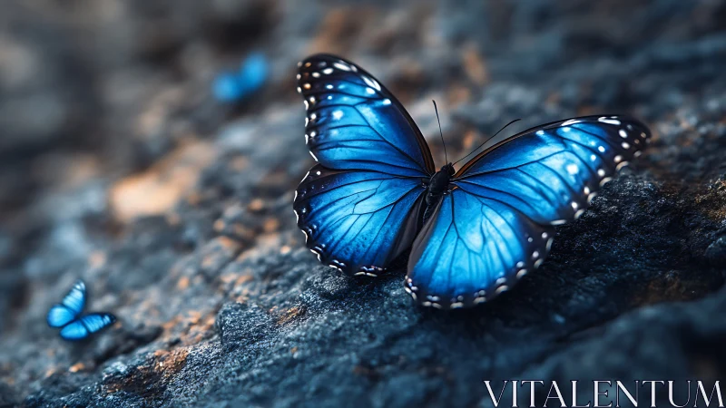 Iridescent blue butterfly rests on rock in shallow focus study