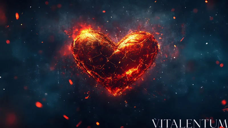 Burning heart shape glowing in dark space.