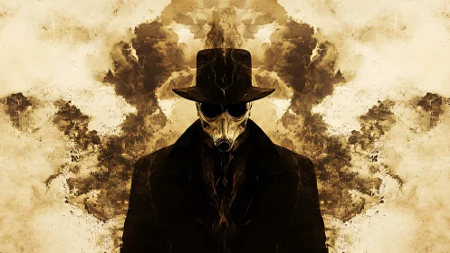 Smoke-wreathed plague mask detective dissolves into sepia clouds