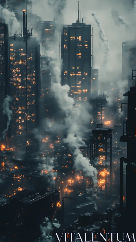 Embers climb the smokestacks of a restless steel city night