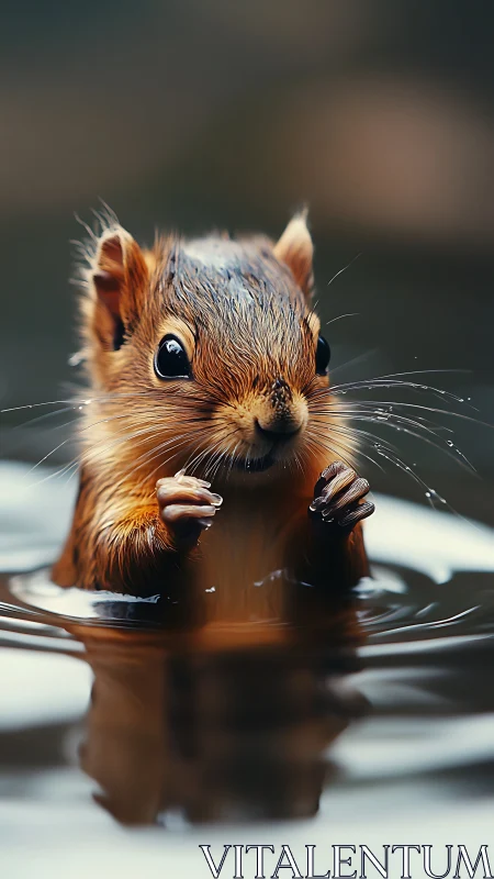 Wet squirrel emerges from dark reflective forest water.