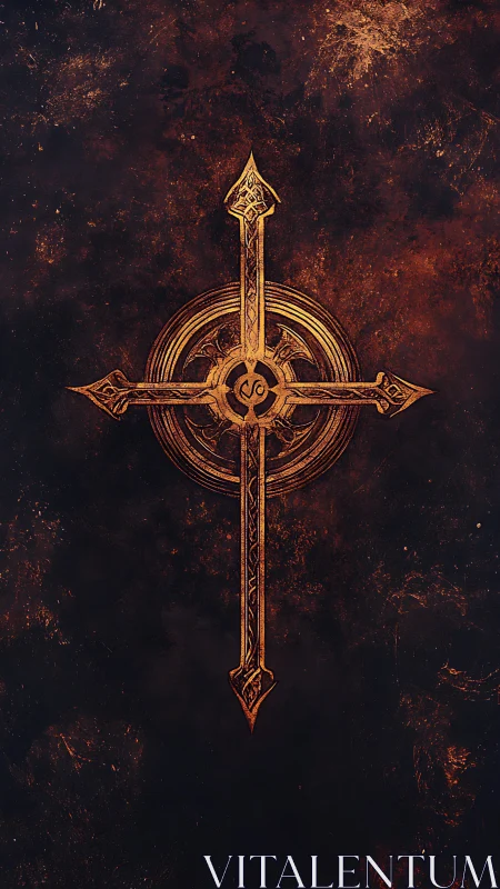 Engraved metallic cross with radial sigil on scorched textured field