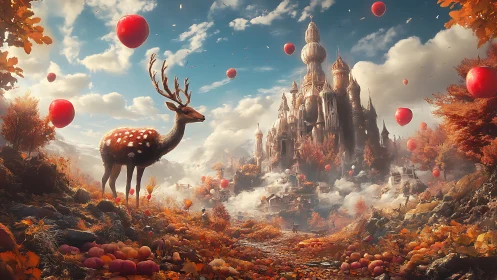 Majestic stag beneath red balloons in autumn fantasy realm.