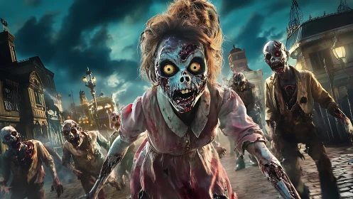 Undead figures advance along an urban street at night