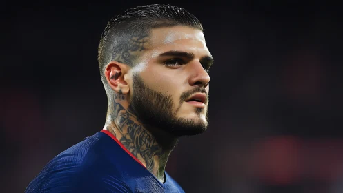 Tattooed footballer portrait under dramatic stadium light.